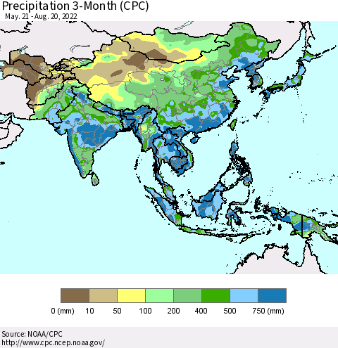 Asia Precipitation 3-Month (CPC) Thematic Map For 5/21/2022 - 8/20/2022
