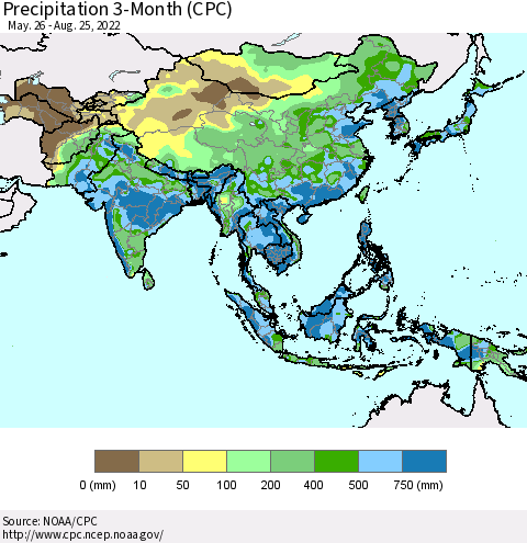 Asia Precipitation 3-Month (CPC) Thematic Map For 5/26/2022 - 8/25/2022