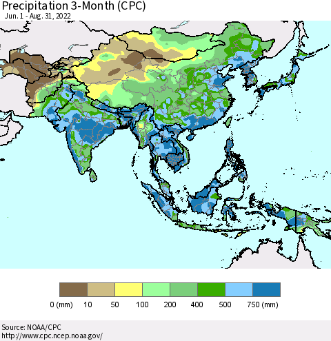 Asia Precipitation 3-Month (CPC) Thematic Map For 6/1/2022 - 8/31/2022