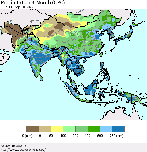 Asia Precipitation 3-Month (CPC) Thematic Map For 6/11/2022 - 9/10/2022