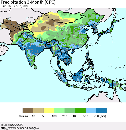 Asia Precipitation 3-Month (CPC) Thematic Map For 6/16/2022 - 9/15/2022
