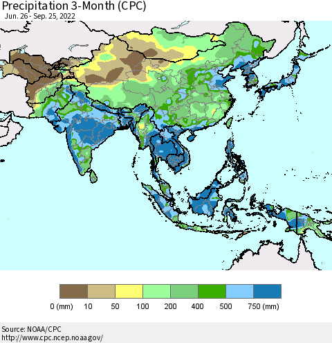 Asia Precipitation 3-Month (CPC) Thematic Map For 6/26/2022 - 9/25/2022