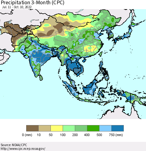 Asia Precipitation 3-Month (CPC) Thematic Map For 7/11/2022 - 10/10/2022