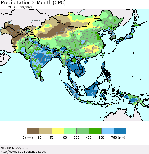 Asia Precipitation 3-Month (CPC) Thematic Map For 7/21/2022 - 10/20/2022