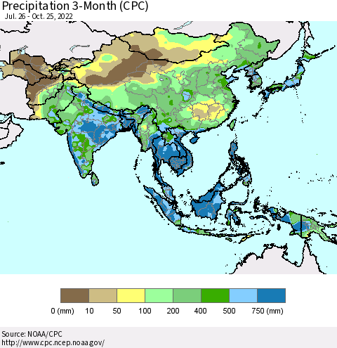 Asia Precipitation 3-Month (CPC) Thematic Map For 7/26/2022 - 10/25/2022