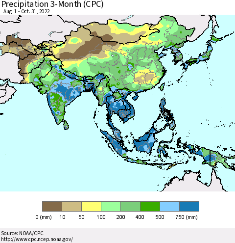 Asia Precipitation 3-Month (CPC) Thematic Map For 8/1/2022 - 10/31/2022