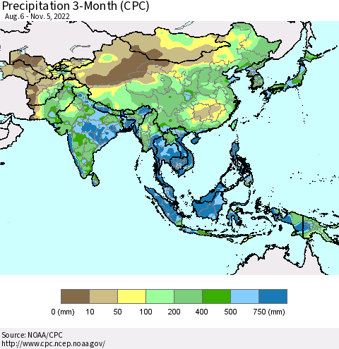 Asia Precipitation 3-Month (CPC) Thematic Map For 8/6/2022 - 11/5/2022