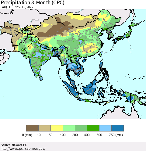 Asia Precipitation 3-Month (CPC) Thematic Map For 8/16/2022 - 11/15/2022