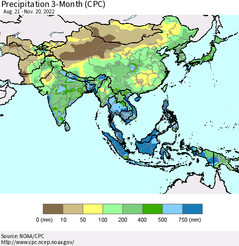 Asia Precipitation 3-Month (CPC) Thematic Map For 8/21/2022 - 11/20/2022