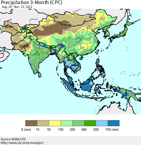 Asia Precipitation 3-Month (CPC) Thematic Map For 8/26/2022 - 11/25/2022