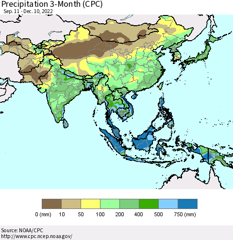Asia Precipitation 3-Month (CPC) Thematic Map For 9/11/2022 - 12/10/2022