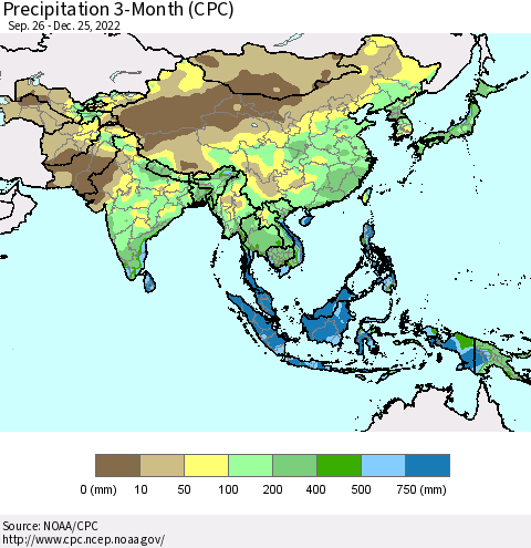 Asia Precipitation 3-Month (CPC) Thematic Map For 9/26/2022 - 12/25/2022