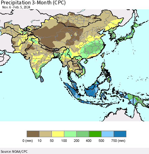 Asia Precipitation 3-Month (CPC) Thematic Map For 11/6/2023 - 2/5/2024