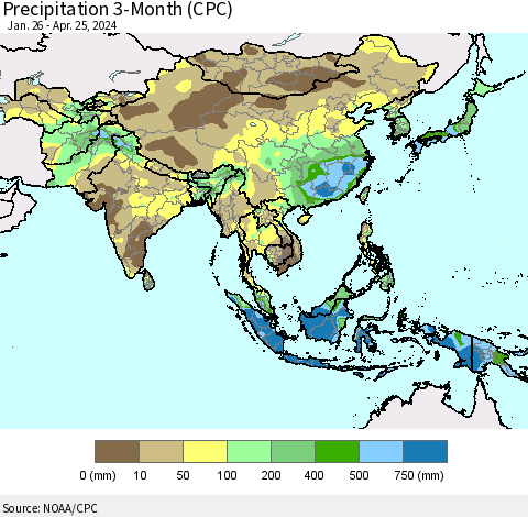 Asia Precipitation 3-Month (CPC) Thematic Map For 1/26/2024 - 4/25/2024