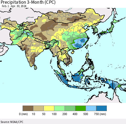 Asia Precipitation 3-Month (CPC) Thematic Map For 2/1/2024 - 4/30/2024