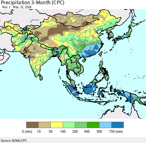 Asia Precipitation 3-Month (CPC) Thematic Map For 3/1/2024 - 5/31/2024
