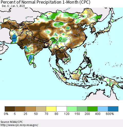 Asia Percent of Normal Precipitation 1-Month (CPC) Thematic Map For 12/6/2022 - 1/5/2023