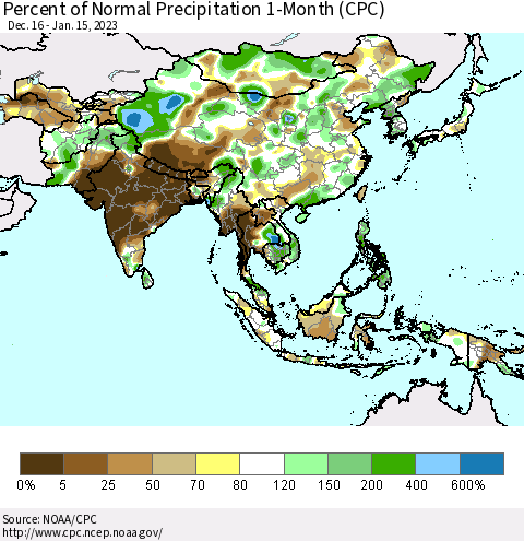 Asia Percent of Normal Precipitation 1-Month (CPC) Thematic Map For 12/16/2022 - 1/15/2023