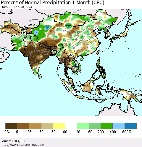 Asia Percent of Normal Precipitation 1-Month (CPC) Thematic Map For 12/21/2022 - 1/20/2023