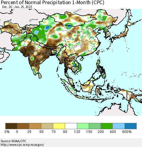 Asia Percent of Normal Precipitation 1-Month (CPC) Thematic Map For 12/26/2022 - 1/25/2023