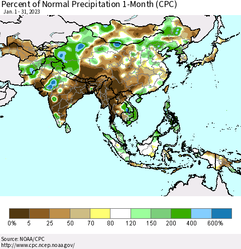 Asia Percent of Normal Precipitation 1-Month (CPC) Thematic Map For 1/1/2023 - 1/31/2023