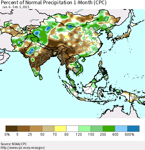 Asia Percent of Normal Precipitation 1-Month (CPC) Thematic Map For 1/6/2023 - 2/5/2023