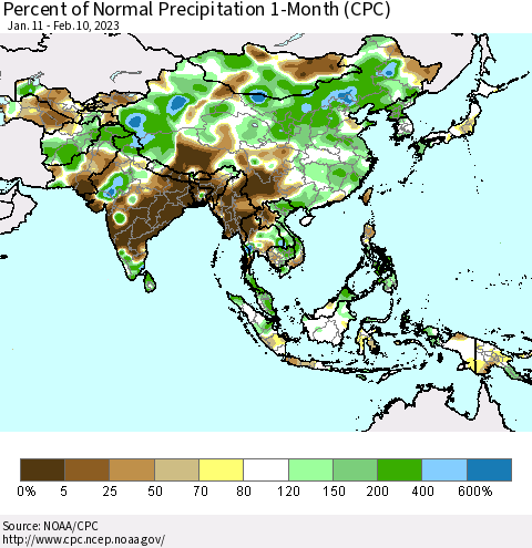 Asia Percent of Normal Precipitation 1-Month (CPC) Thematic Map For 1/11/2023 - 2/10/2023