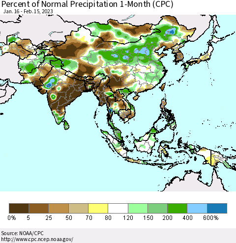 Asia Percent of Normal Precipitation 1-Month (CPC) Thematic Map For 1/16/2023 - 2/15/2023