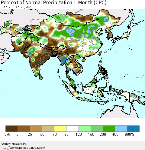 Asia Percent of Normal Precipitation 1-Month (CPC) Thematic Map For 1/21/2023 - 2/20/2023