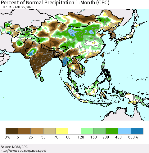 Asia Percent of Normal Precipitation 1-Month (CPC) Thematic Map For 1/26/2023 - 2/25/2023