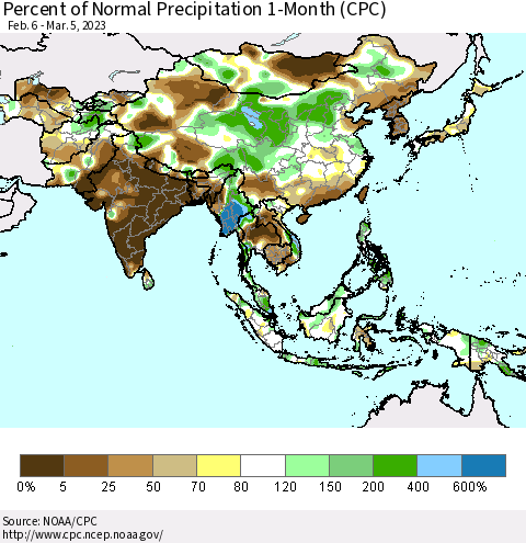 Asia Percent of Normal Precipitation 1-Month (CPC) Thematic Map For 2/6/2023 - 3/5/2023