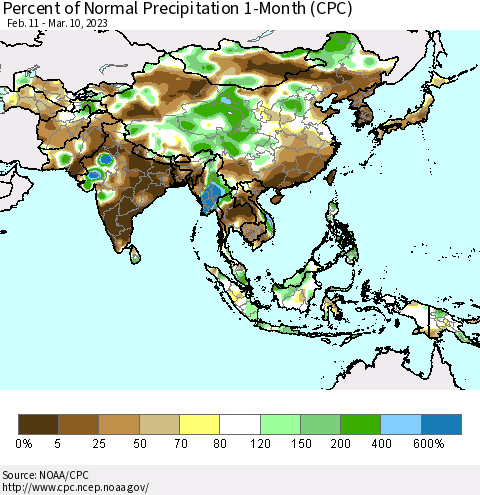 Asia Percent of Normal Precipitation 1-Month (CPC) Thematic Map For 2/11/2023 - 3/10/2023