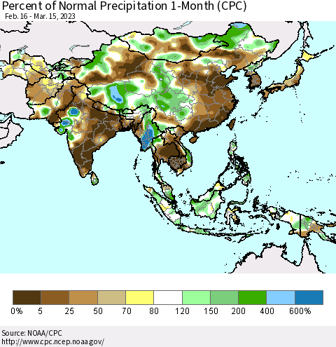 Asia Percent of Normal Precipitation 1-Month (CPC) Thematic Map For 2/16/2023 - 3/15/2023