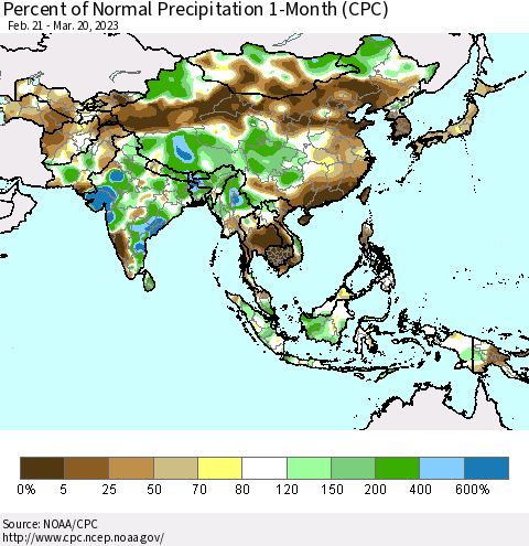 Asia Percent of Normal Precipitation 1-Month (CPC) Thematic Map For 2/21/2023 - 3/20/2023