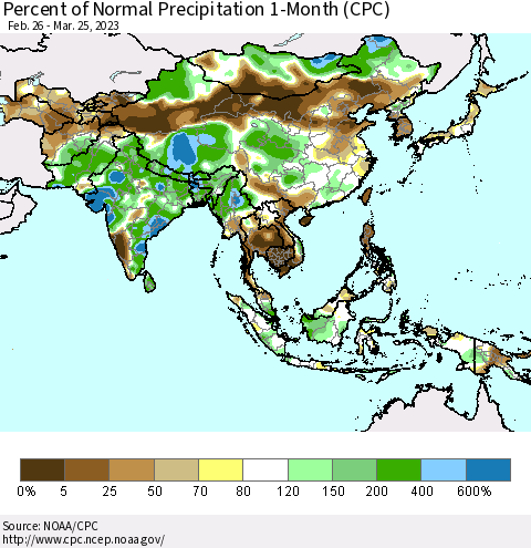 Asia Percent of Normal Precipitation 1-Month (CPC) Thematic Map For 2/26/2023 - 3/25/2023