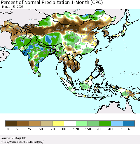 Asia Percent of Normal Precipitation 1-Month (CPC) Thematic Map For 3/1/2023 - 3/31/2023