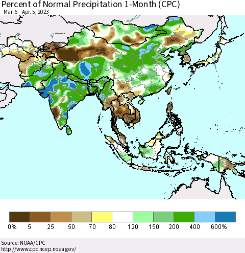 Asia Percent of Normal Precipitation 1-Month (CPC) Thematic Map For 3/6/2023 - 4/5/2023