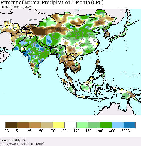 Asia Percent of Normal Precipitation 1-Month (CPC) Thematic Map For 3/11/2023 - 4/10/2023