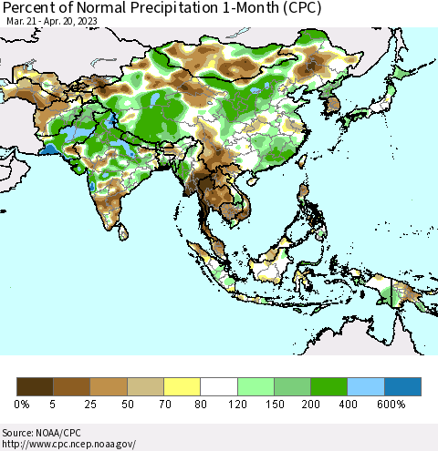 Asia Percent of Normal Precipitation 1-Month (CPC) Thematic Map For 3/21/2023 - 4/20/2023