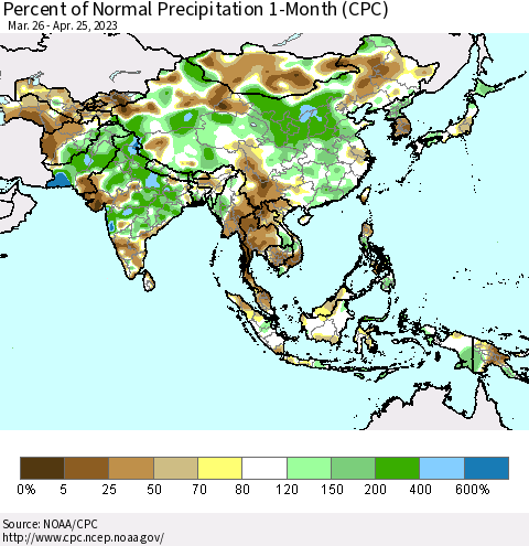 Asia Percent of Normal Precipitation 1-Month (CPC) Thematic Map For 3/26/2023 - 4/25/2023