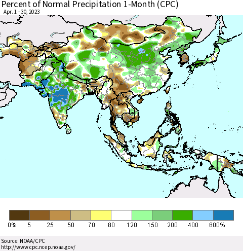 Asia Percent of Normal Precipitation 1-Month (CPC) Thematic Map For 4/1/2023 - 4/30/2023