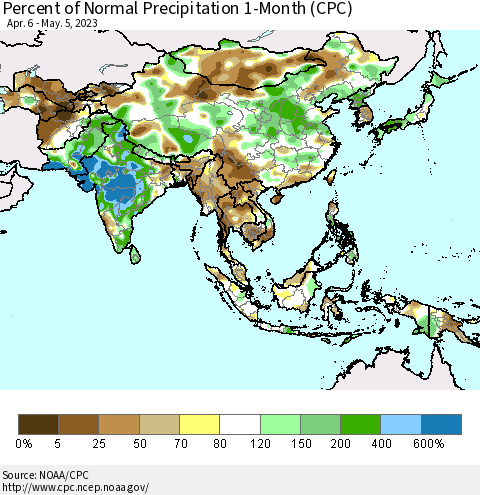 Asia Percent of Normal Precipitation 1-Month (CPC) Thematic Map For 4/6/2023 - 5/5/2023