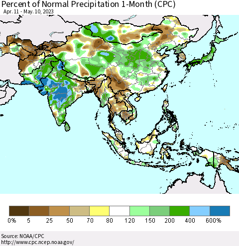 Asia Percent of Normal Precipitation 1-Month (CPC) Thematic Map For 4/11/2023 - 5/10/2023