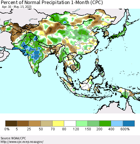 Asia Percent of Normal Precipitation 1-Month (CPC) Thematic Map For 4/16/2023 - 5/15/2023