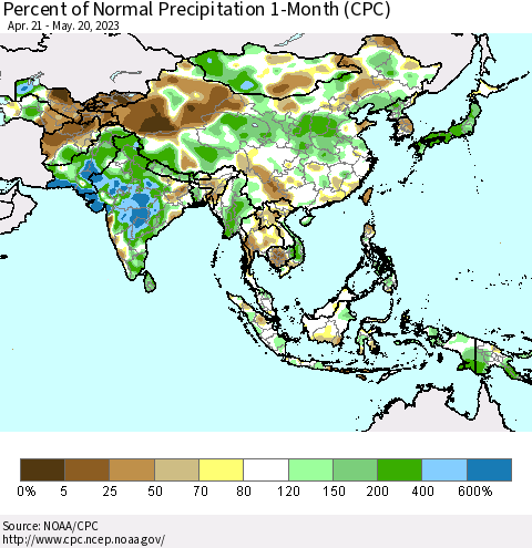 Asia Percent of Normal Precipitation 1-Month (CPC) Thematic Map For 4/21/2023 - 5/20/2023