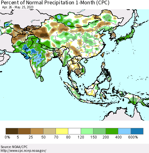 Asia Percent of Normal Precipitation 1-Month (CPC) Thematic Map For 4/26/2023 - 5/25/2023