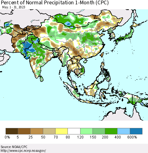 Asia Percent of Normal Precipitation 1-Month (CPC) Thematic Map For 5/1/2023 - 5/31/2023