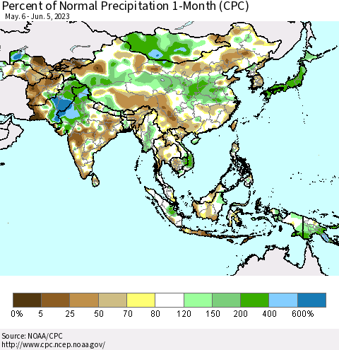 Asia Percent of Normal Precipitation 1-Month (CPC) Thematic Map For 5/6/2023 - 6/5/2023