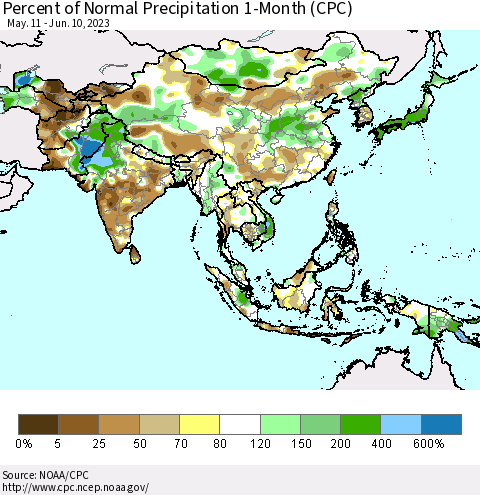Asia Percent of Normal Precipitation 1-Month (CPC) Thematic Map For 5/11/2023 - 6/10/2023
