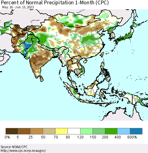 Asia Percent of Normal Precipitation 1-Month (CPC) Thematic Map For 5/16/2023 - 6/15/2023